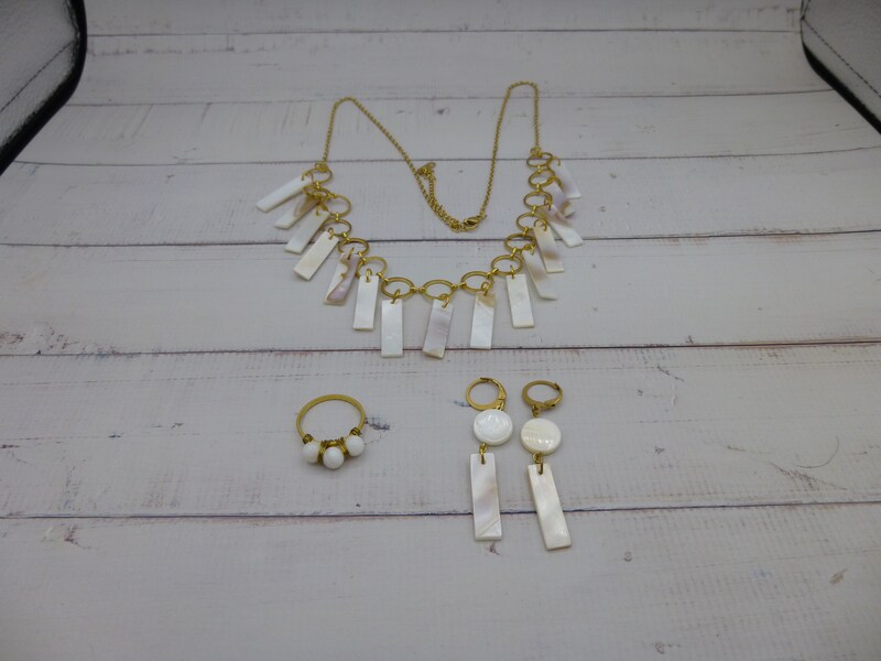 Mother of Pearl Jewelry Set Necklace Earrings Ring Healing Stone 18K Gold Over Sterling Necklace Chakra Hand Crafted Healing Energy